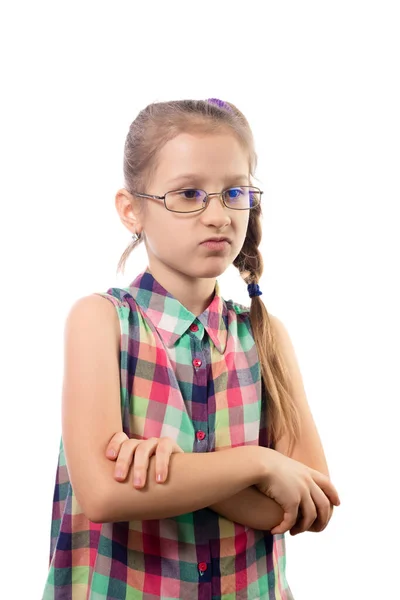 Pequena Menina Bonito Óculos Posando Fundo Branco Criança Com Visão — Fotografia de Stock