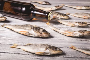 Beyaz ahşap arka planda kurumuş levrek ve kahverengi cam bira şişesi. Stüdyo fotoğrafı.