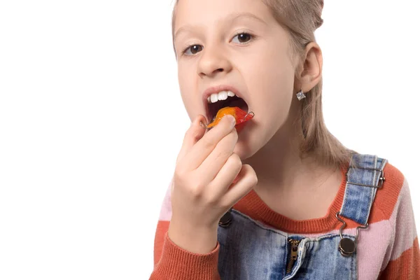 Portret Van Klein Meisje Met Orthodontie Apparaat Geïsoleerd Witte Achtergrond — Stockfoto