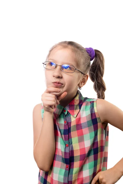 Niña Linda Gafas Posando Sobre Fondo Blanco Niño Con Mala — Foto de Stock