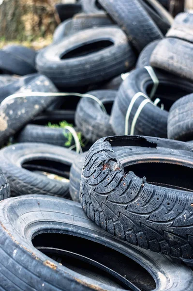 Monte Pneus Velhos Carros Usados Poluição Ambiental Pneus Basculantes — Fotografia de Stock