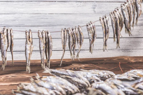 Small dry fish on a rope on a wooden background. Studio photo.