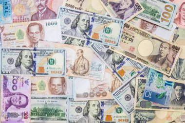 çeşitli uluslararası döviz banknotların arka plan. Uluslararası Ticaret, para çapraz sınır kavramı