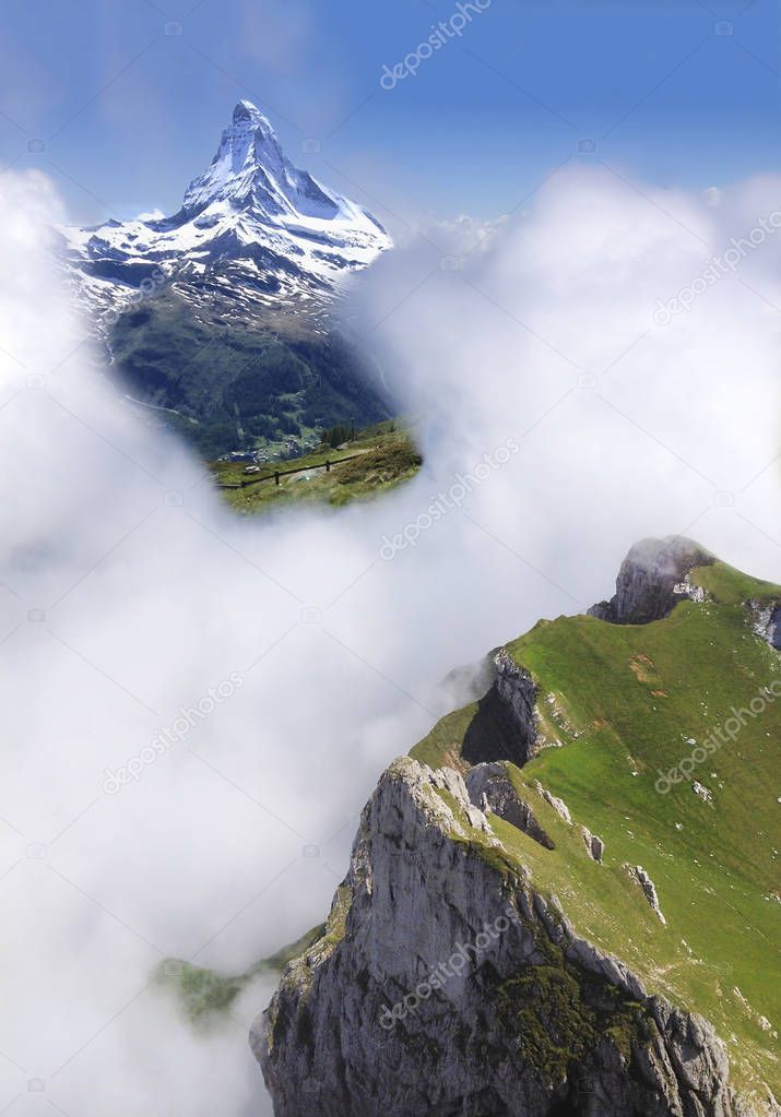 Matterhorn Peak Trekking in summer, Zermatt, Switzerland, Europe. Family Activities, Hiking in the wild concept