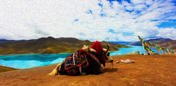 Digital Oil Paint Vista Yak Yamdrok Lake Dos Três Maiores — Fotografia de Stock