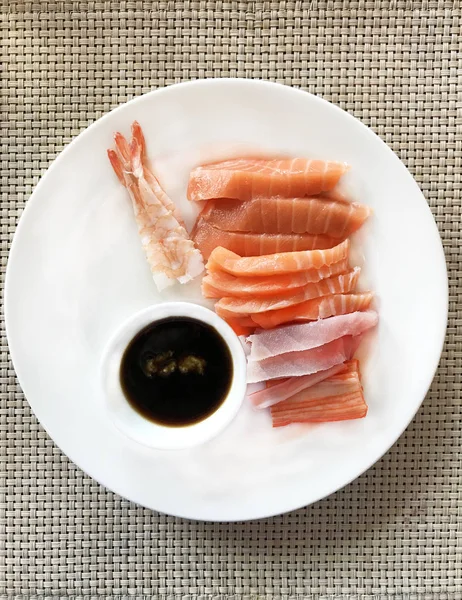 Comida Japonesa Sashimi Frutos Mar Camarão Doce Fresco Salmão Fatiado — Fotografia de Stock