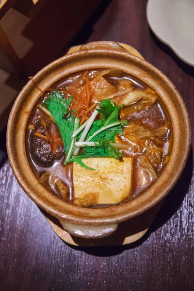 Japanse Nabemono Hotpot Schotel Van Schaal Schelpdieren Tofu Groenten Gekookt — Stockfoto