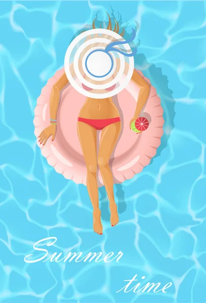 Bain de soleil jeune femme sur un matelas flottant — Image vectorielle