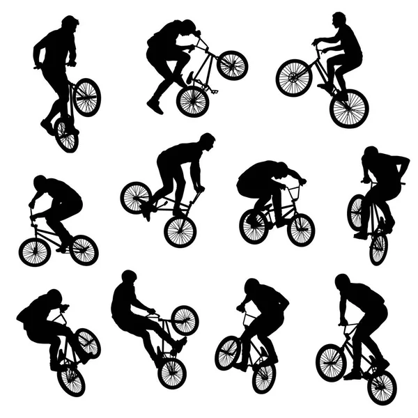 Set of 11 isolated black BMX sports silhouettes — Stock Vector