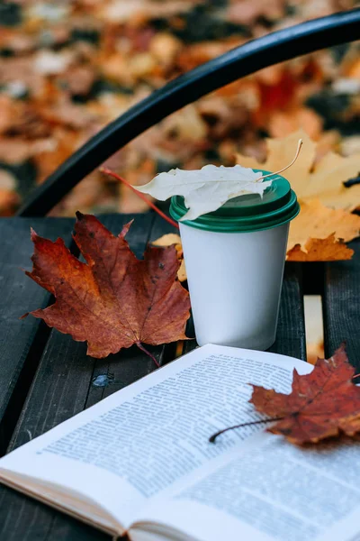 Autumn Still Life Open Book Cup Coffee Yellow Foliage Park — Stock Photo, Image