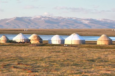 Kırgızistan 'lı Naryn, Song kul Gölü' nde geniş bir çayırdaki ger kampı.
