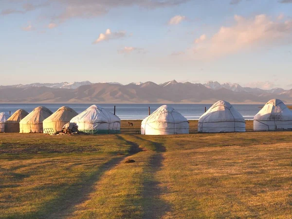 Kırgızistan 'lı Naryn, Song kul Gölü' nde geniş bir çayırdaki ger kampı.