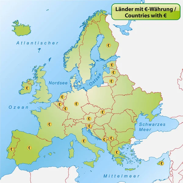 Mapa Europa Con Identificación Estados Con Euro Moneda —  Fotos de Stock