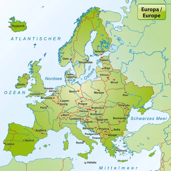 Map of Europe with main cities and water network