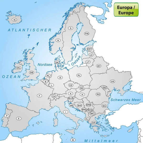 欧洲地图与国家缩写 — 图库照片