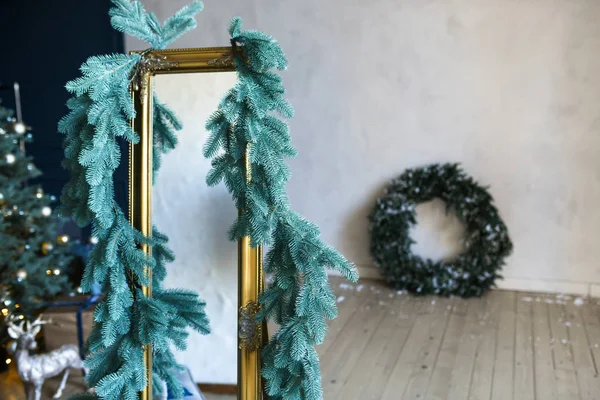 Mirror Gold Frame Christmas Room — Stock Photo, Image