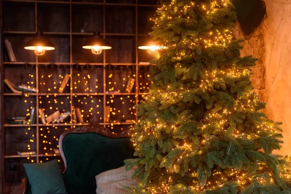 Vintage Christmas living room interior with a Christmas tree, colored lights and Christmas gifts