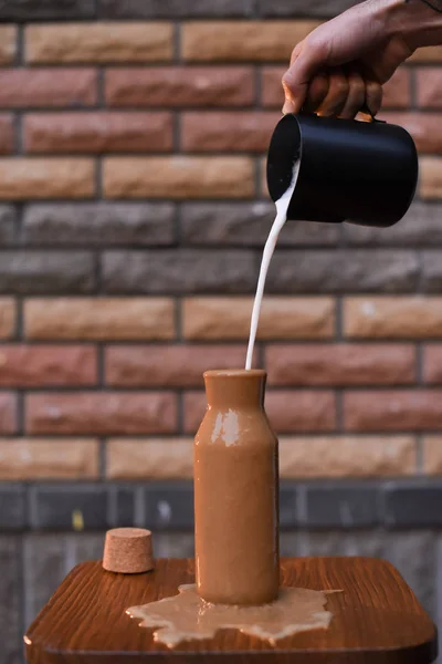 Process Pouring Milk Coffee — Stock Photo, Image