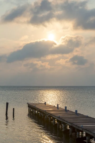 Sunrise Wooden Jetty Dramatic Sky — Stock Photo, Image