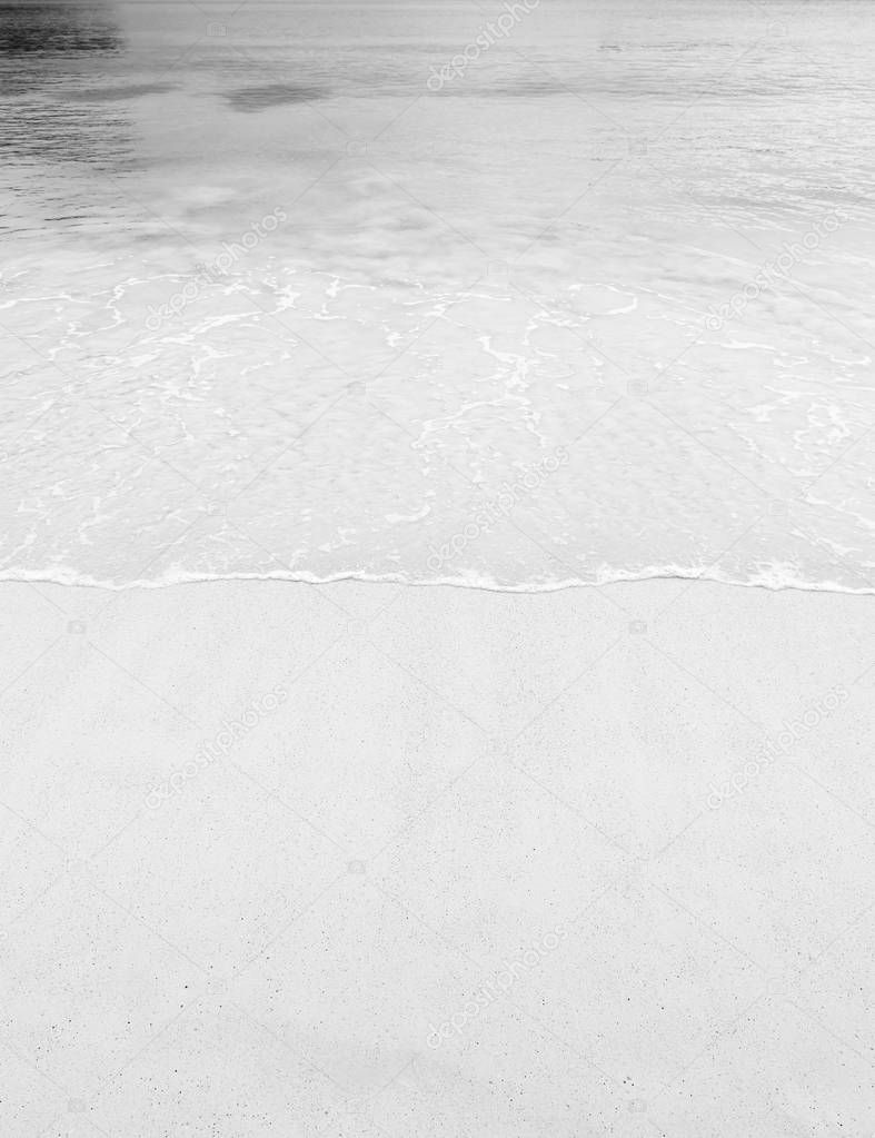 Beach background scene of tropical warm sand and clear water lapping the shore in black and white