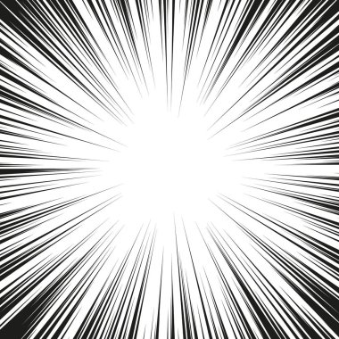 Çizgi roman siyah beyaz radyal çizgiler arka plan. Manga hız çerçeve. Süper kahraman eylem. Patlama vektör çizim.