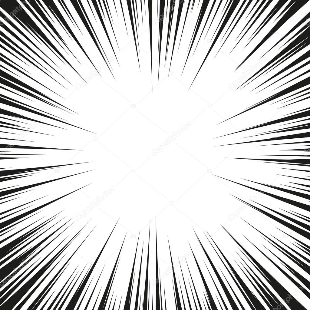 Comic book black and white radial lines background. Manga speed frame.Superhero action. Explosion vector illustration.