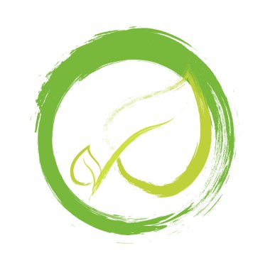 Eko etiket vektör yuvarlak amblemi, doğal ürünleri paketleme, giyim ve yiyecek paketi için simge boyalı. Eko işareti, ekolojik etiketi daire, simgeler bırakır