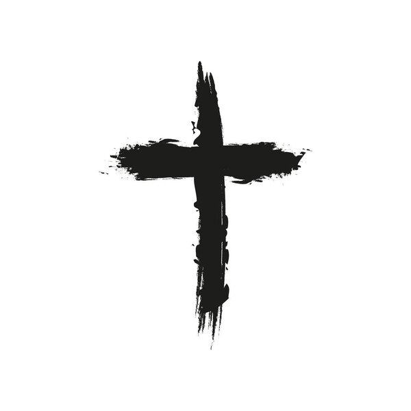 Handdrawn christian cross symbol, hand painted with ink brush.