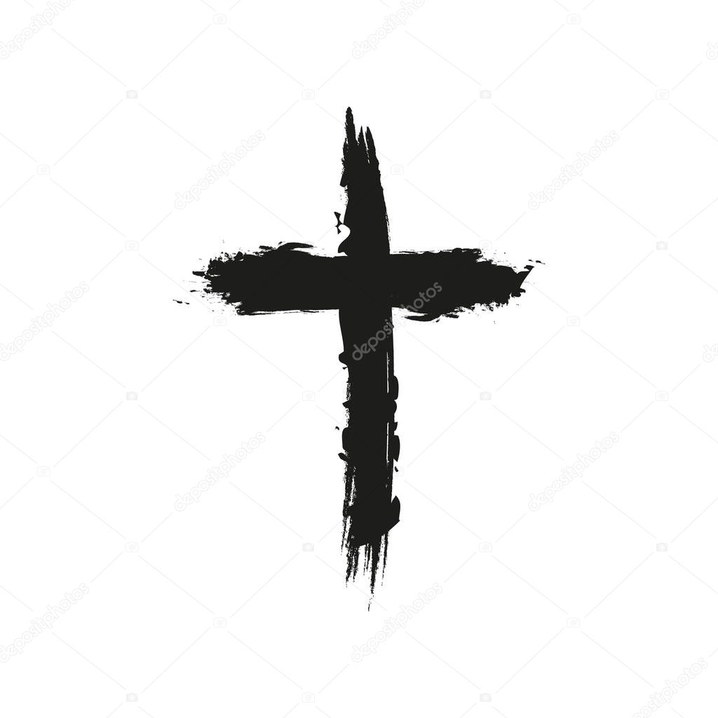 Handdrawn christian cross symbol, hand painted with ink brush.