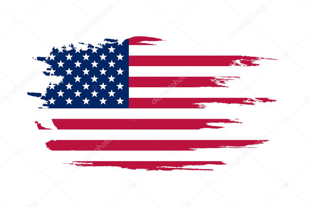 American flag. Brush painted flag of USA. Hand drawn style illustration with a grunge effect and watercolor. American flag with grunge texture.