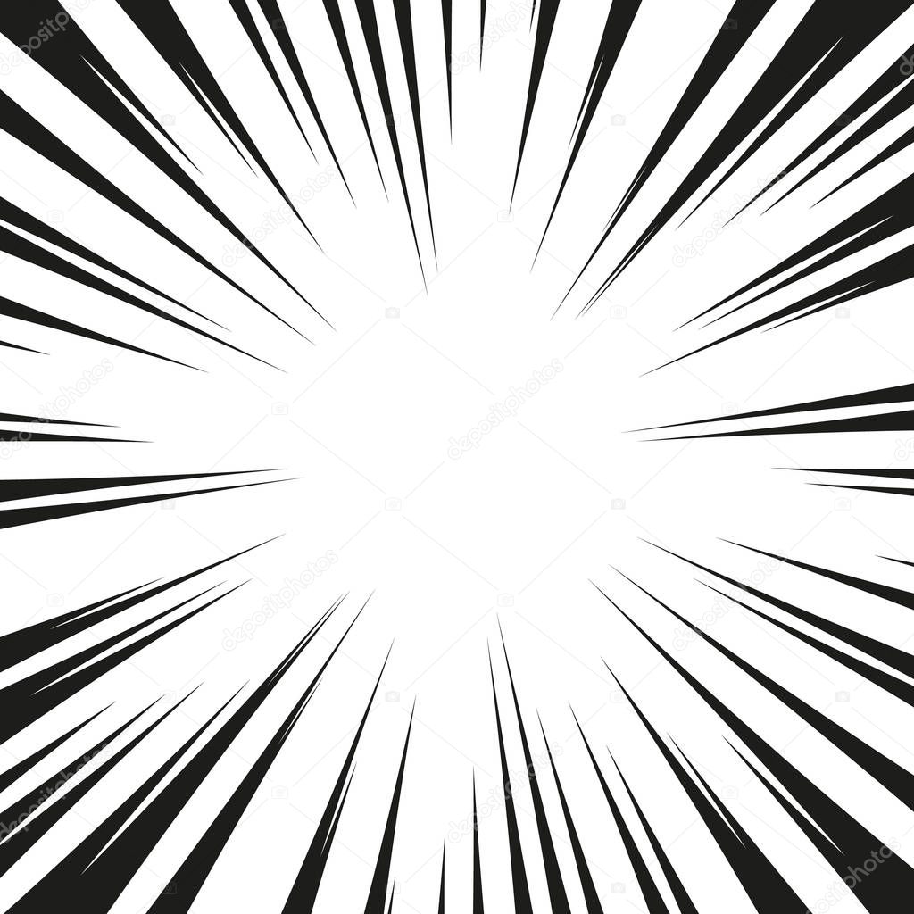 Many black comic radial speed Lines on white base. Effect power explosion illustration. Comic book design element. Graphic Explosion with Speed Lines in comic book style. Vector