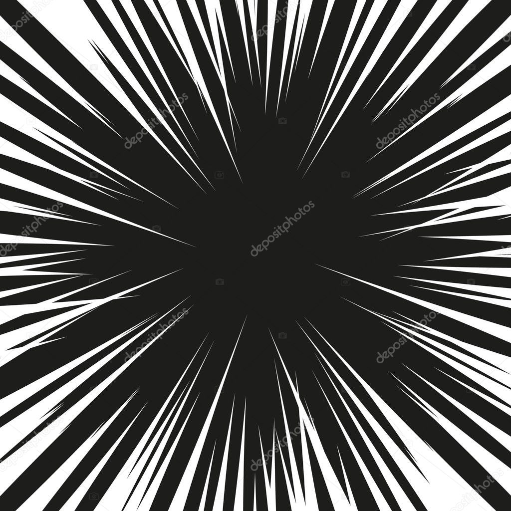 Many black comic radial speed Lines on white base. Effect power explosion illustration. Comic book design element. Graphic Explosion with Speed Lines in comic book style. Vector