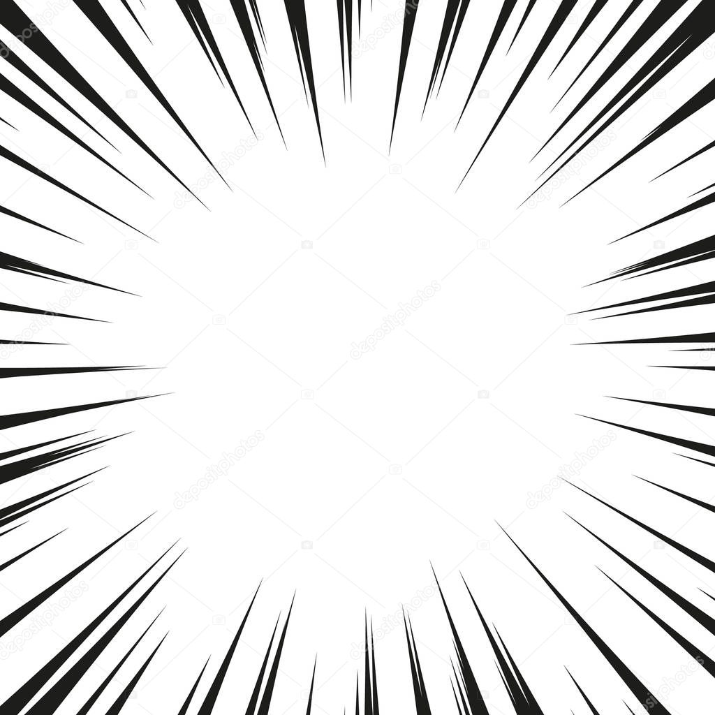 Many black comic radial speed Lines on white base. Effect power explosion illustration. Comic book design element. Graphic Explosion with Speed Lines in comic book style. Vector