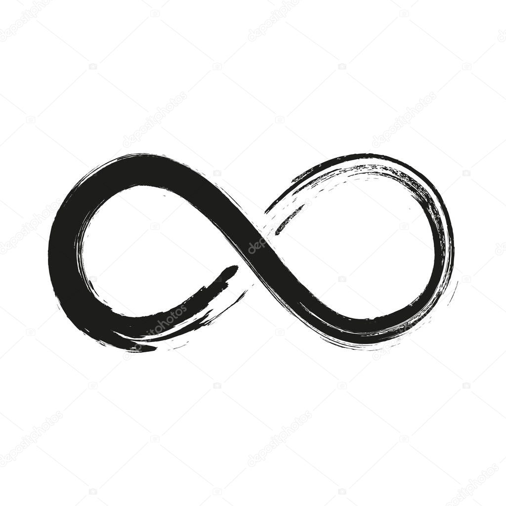 Grunge infinity symbol. Hand painted with black paint. Grunge brush stroke. Modern eternity icon. Graphic design element. Infinite possibilities, endless process. Vector