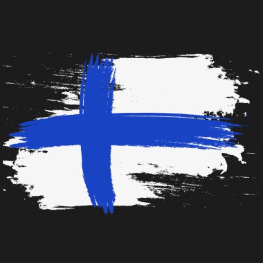 Finlandiya bayrağı. Fırça, Finlandiya bayrağını boyadı. Grunge efektli ve suluboya resimli el çizimi. Grunge desenli Finlandiya bayrağı. Vektör illüstrasyonu