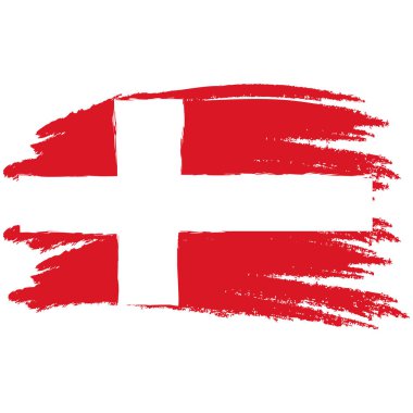 Danimarka bayrağı. Fırça boyalı Danimarka bayrağı. Grunge efektli ve suluboya resimli el çizimi. Grunge desenli Danimarka bayrağı. Vektör illüstrasyonu.