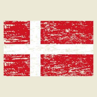 Danimarka bayrağı. Fırça boyalı Danimarka bayrağı. Grunge efektli ve suluboya resimli el çizimi. Grunge desenli Danimarka bayrağı. Vektör illüstrasyonu.