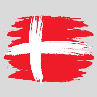 Danimarka bayrağı. Fırça boyalı Danimarka bayrağı. Grunge efektli ve suluboya resimli el çizimi. Grunge desenli Danimarka bayrağı. Vektör illüstrasyonu.