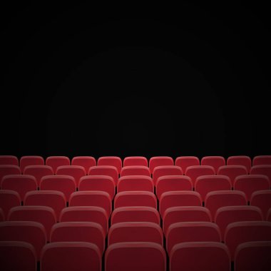 Satırları kırmızı sinema ya da tiyatro koltuk boş bir siyah ekran önünde. Kırmızı koltuk ile geniş boş film tiyatro konser salonu. Vektör çizim