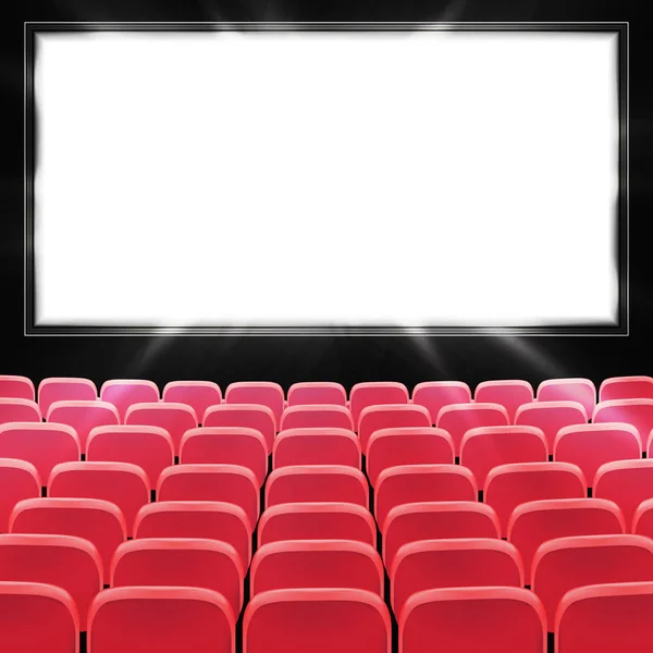 Filas de cine rojo o asientos de teatro delante de la pantalla en blanco negro. Amplio auditorio de cine vacío con asientos rojos. Ilustración vectorial — Archivo Imágenes Vectoriales