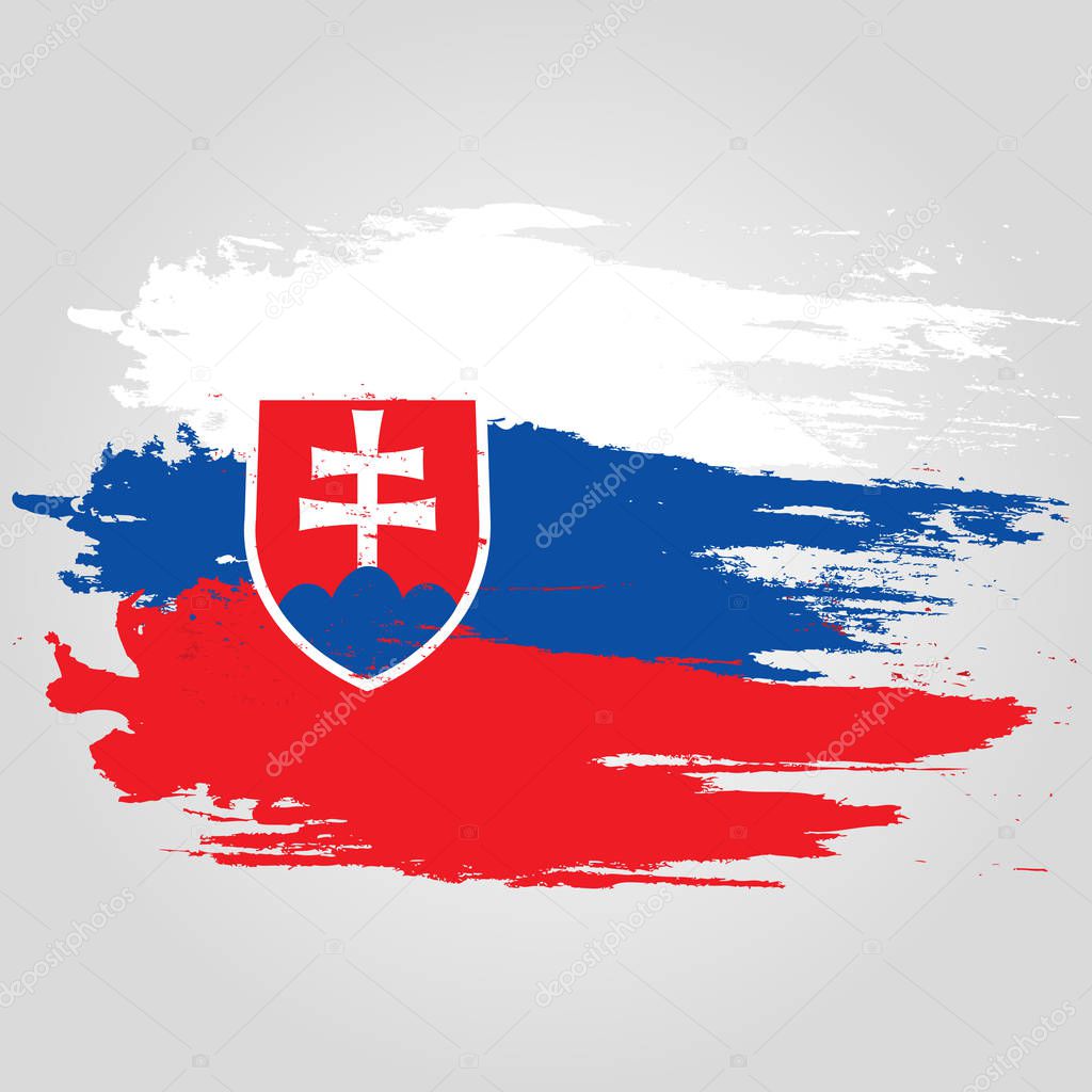 Slovakia flag. Brush painted Slovakia flag. Hand drawn style illustration with a grunge effect and watercolor. Slovakia flag with grunge texture. Vector illustration.