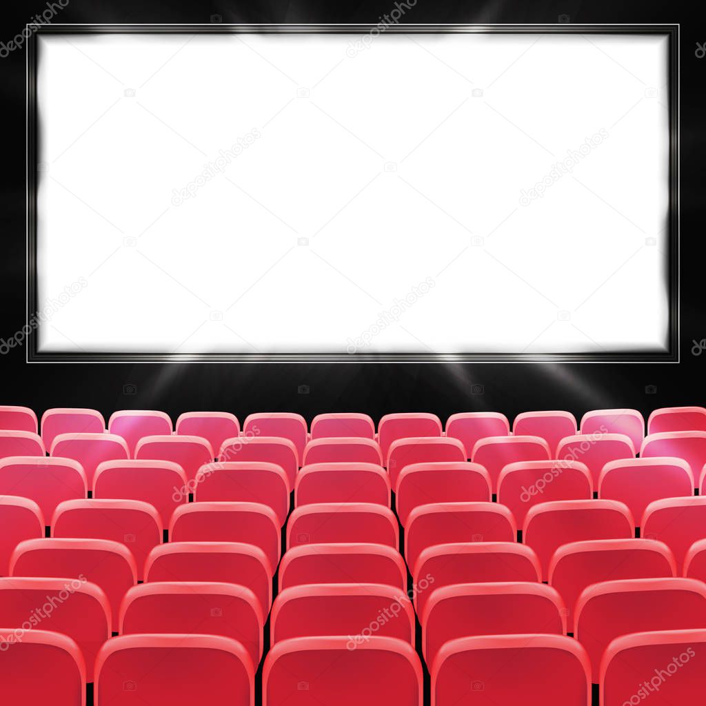 Rows of red cinema or theater seats in front of black blank screen. Wide empty movie theater auditorium with red seats. Vector illustration