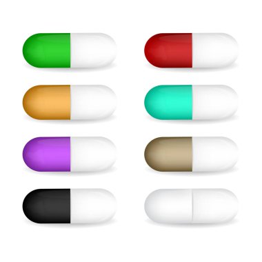 Saydamlık ızgara arka plan üzerinde izole vektör gerçekçi 3d farklı renk tıbbi hap Icon set. Grafik, afiş tasarım şablonu. Üstten görünüm