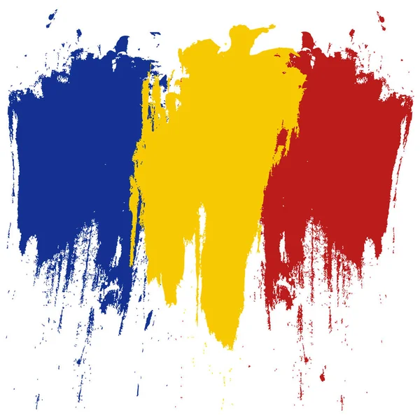 Roménia Bandeira. Tinta pintada abstrata Romênia Bandeira. ilustração estilo desenhado à mão com um efeito grunge e salpicos no fundo branco. Pincel pintado Romênia Bandeira. Ilustração vetorial . — Vetor de Stock