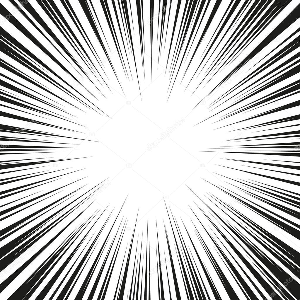 Graphic Explosion with Speed Lines. Comic Book Design Element. Retro comic style background with sun rays. Vector Illustration.