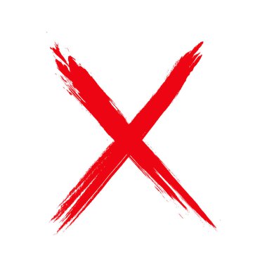 Fırça boyalı tabela, hayır, el çizimi, beyaz arka planda izole edilmemiş grunge efekti işareti. Boya lekesi. X Kızılhaç el yazısı. Grunge harfi X.