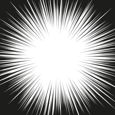 Soyut çizgi roman flaş patlaması radyal çizgiler arka plan. Süper kahraman tasarımı için vektör çizimi. Parlak siyah beyaz ışık şeridi patladı. Flaş ışını patlaması