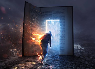 A man on fire runs towards an open Bible with refreshing rain. clipart