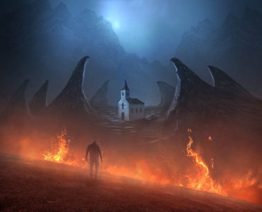 Bir adam ateşlerde kiliseye girer.