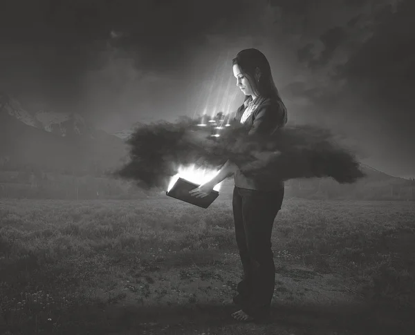 Woman Holds Bright Glowing Bible Shines Dark Cloud Her — Stock Photo, Image